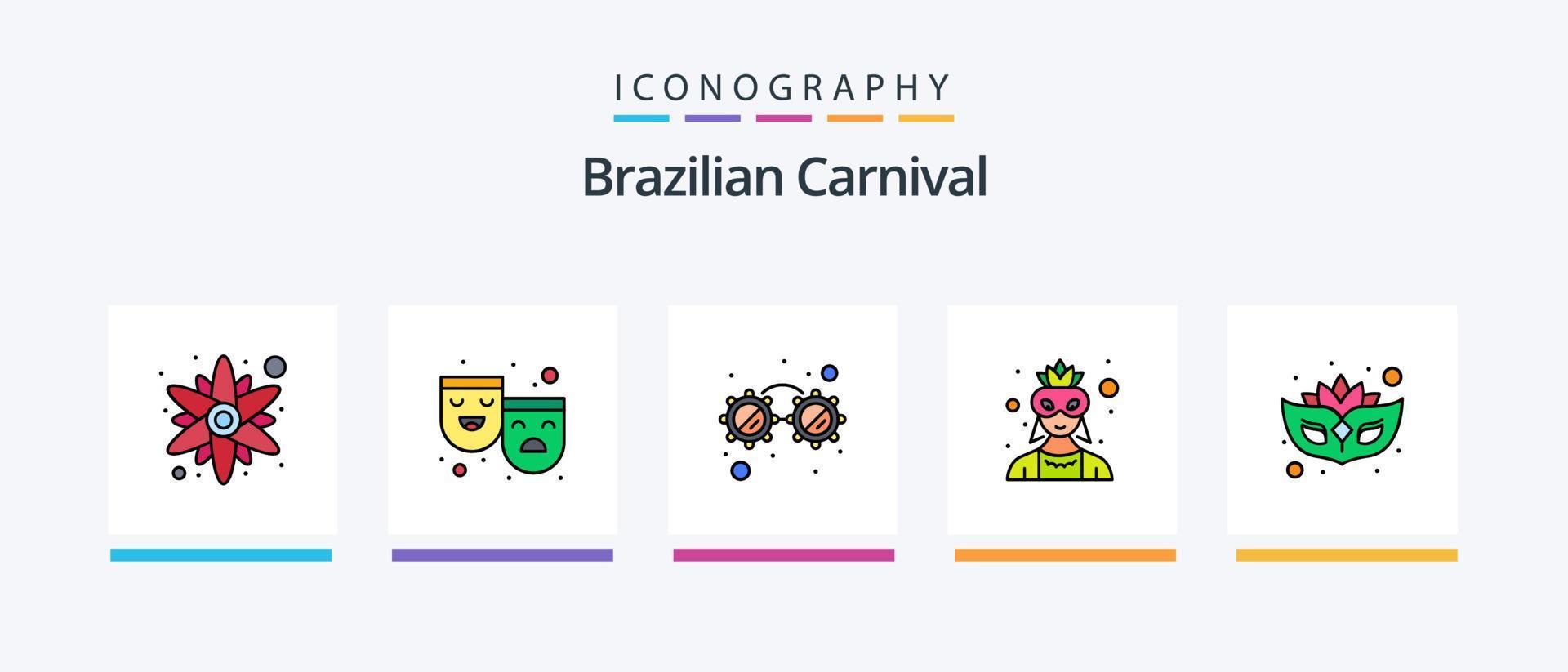 brasiliano carnevale linea pieno 5 icona imballare Compreso Noce di cocco. festa. cialda. occhiali. onda. creativo icone design vettore