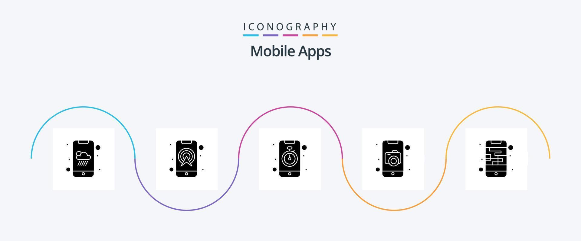 mobile applicazioni glifo 5 icona imballare Compreso foto. mobile. allarme. telecamera. orologio vettore