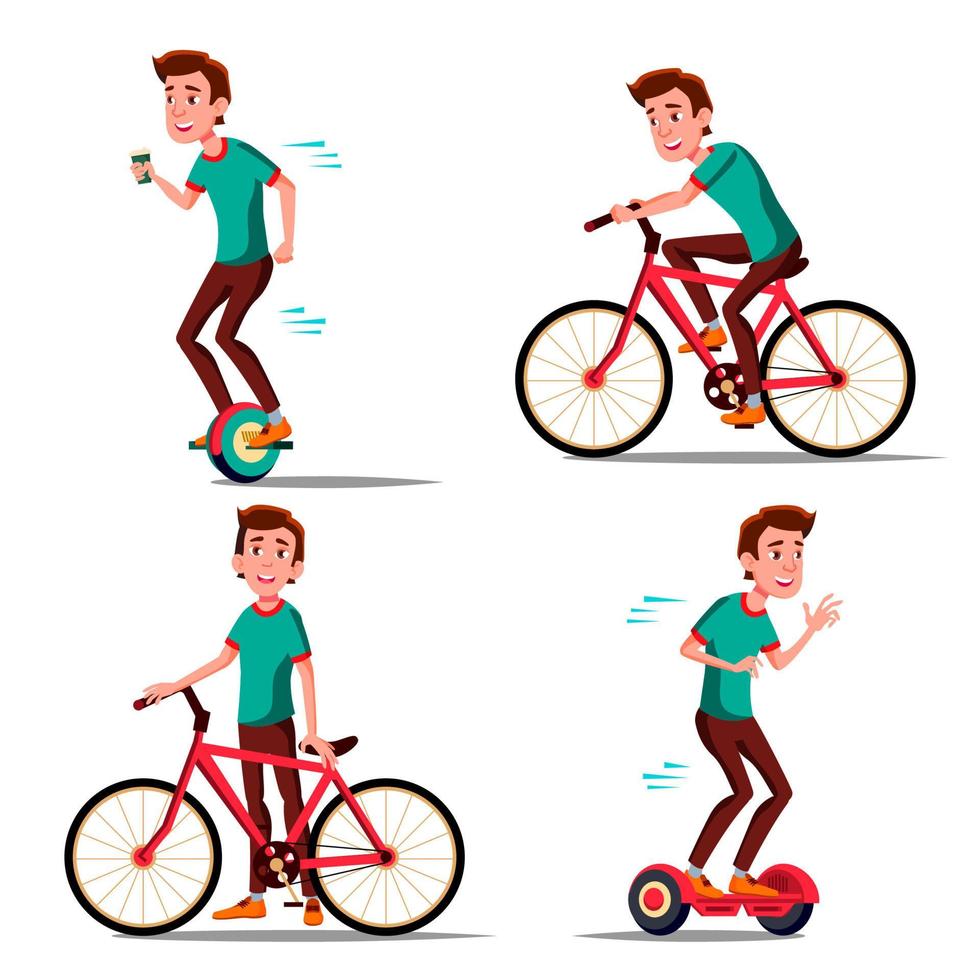 adolescente ragazzo equitazione hoverboard, bicicletta vettore. città all'aperto sport attività. giroscopio scooter, bicicletta. eco amichevole. salutare stile di vita. isolato illustrazione vettore