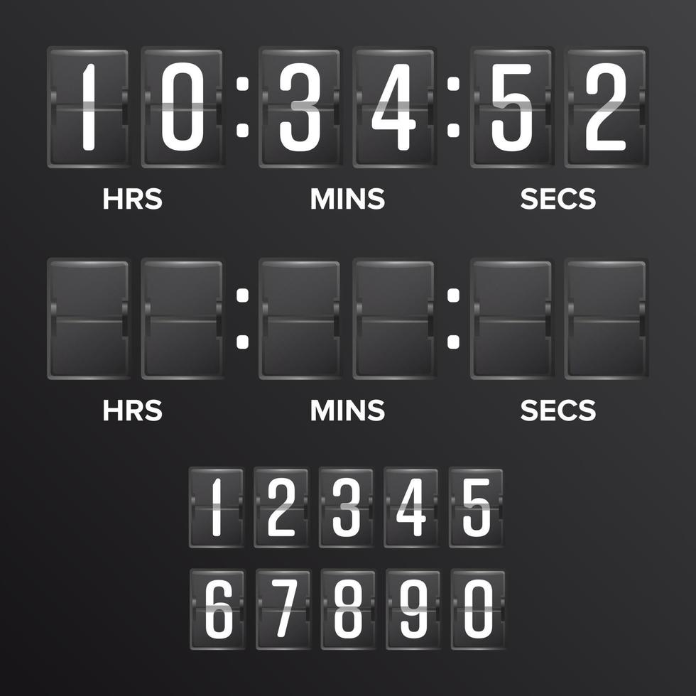Flip conto alla rovescia Timer vettore. analogico nero tabellone segnapunti digitale Timer vuoto. ore, minuti, secondi. tempo illustrazione vettore