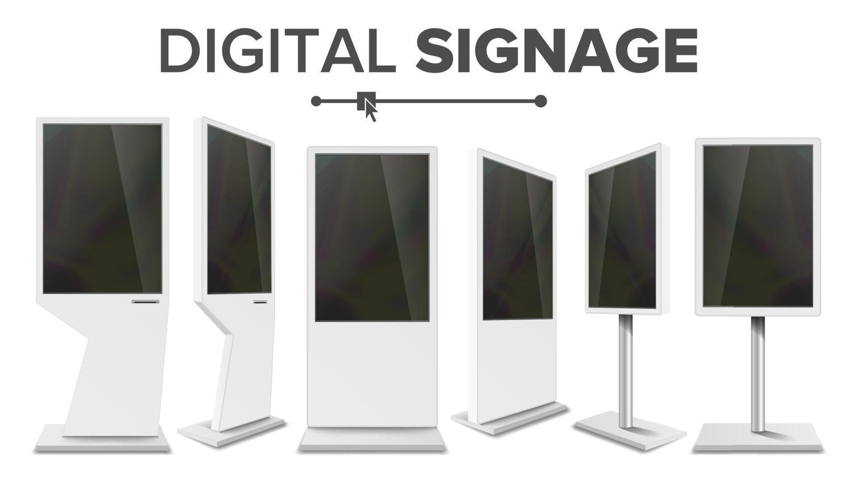 digitale segnaletica toccare chiosco impostato vettore. Schermo tenere sotto controllo. multimedia In piedi. lcd alto definizione digitale segnaletica. per ristoranti pubblicità progetti. isolato illustrazione vettore