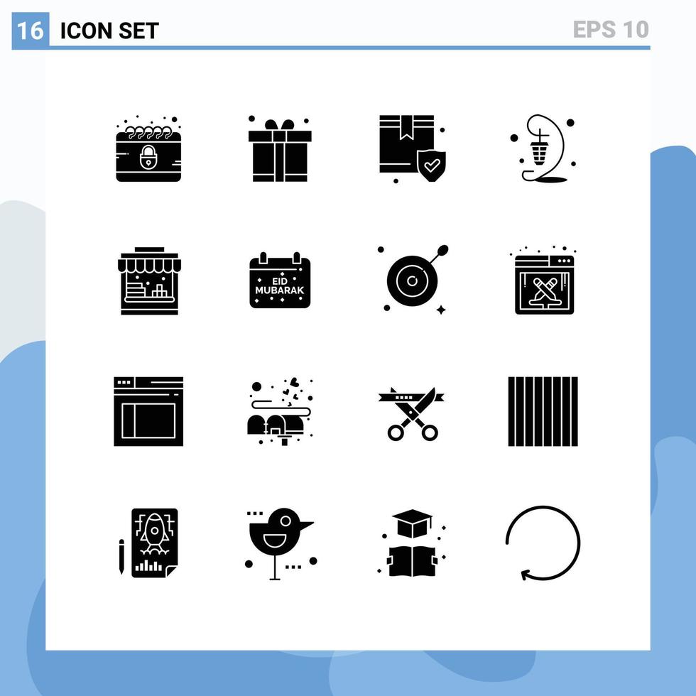 moderno impostato di 16 solido glifi pittogramma di negozio lampada assicurazione Ramadan lanterna modificabile vettore design elementi