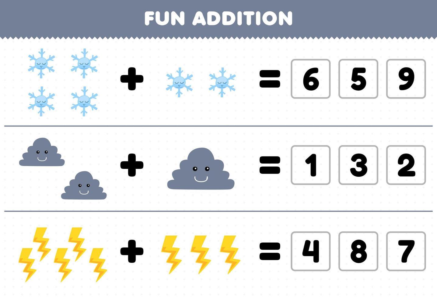 formazione scolastica gioco per bambini divertimento aggiunta di indovina il corretta numero di carino cartone animato fiocco di neve nube tuono stampabile natura foglio di lavoro vettore