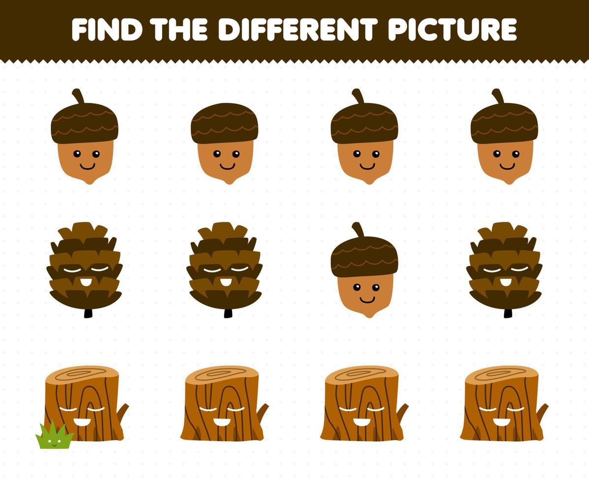 formazione scolastica gioco per bambini trova il diverso immagine nel ogni riga di carino cartone animato ghianda pigna legna log stampabile natura foglio di lavoro vettore