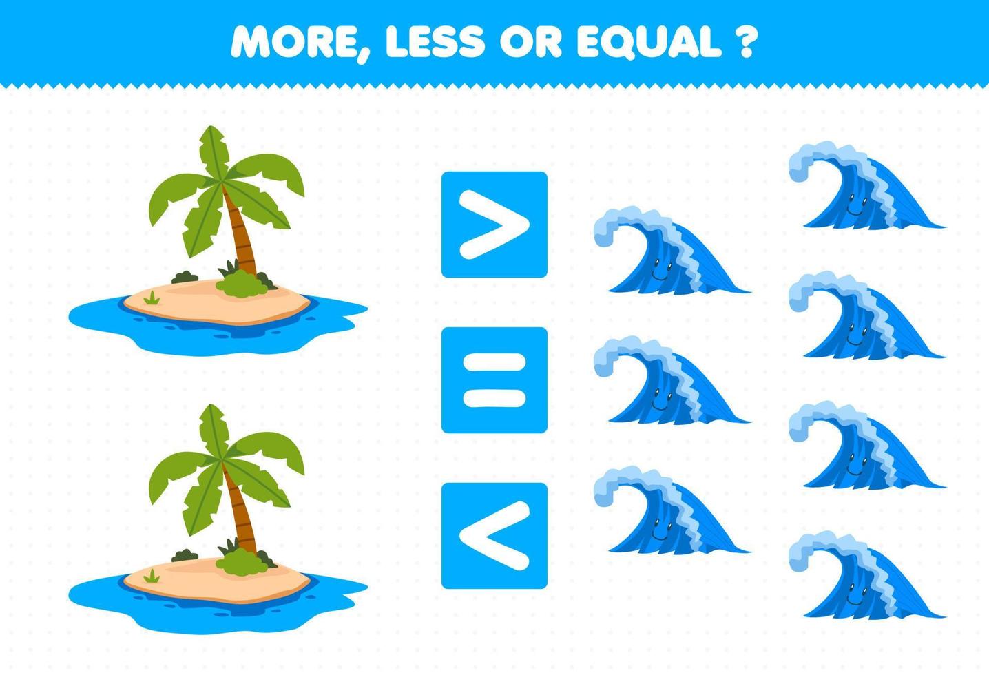 formazione scolastica gioco per bambini Di Più Di meno o pari contare il quantità di carino cartone animato isola e onda stampabile natura foglio di lavoro vettore