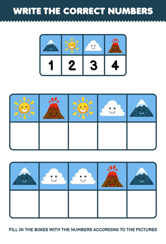 formazione scolastica gioco per bambini Scrivi il giusto numeri nel il scatola secondo per il carino montagna sole nube vulcano immagini su il tavolo stampabile natura foglio di lavoro vettore