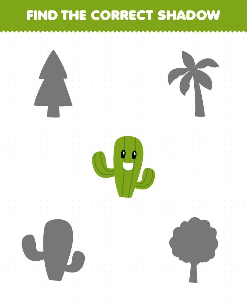 formazione scolastica gioco per bambini trova il corretta ombra impostato di carino cartone animato cactus albero stampabile natura foglio di lavoro vettore