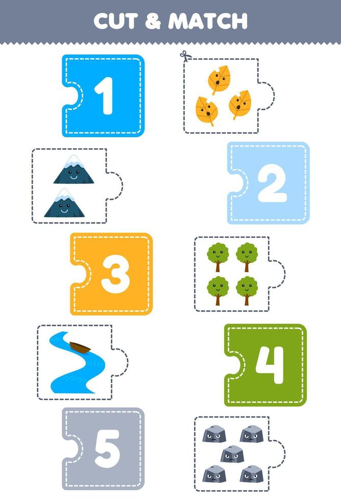 formazione scolastica gioco per bambini tagliare pezzo di puzzle e incontro di numero di carino cartone animato fiume montagna foglia albero pietra stampabile natura foglio di lavoro vettore