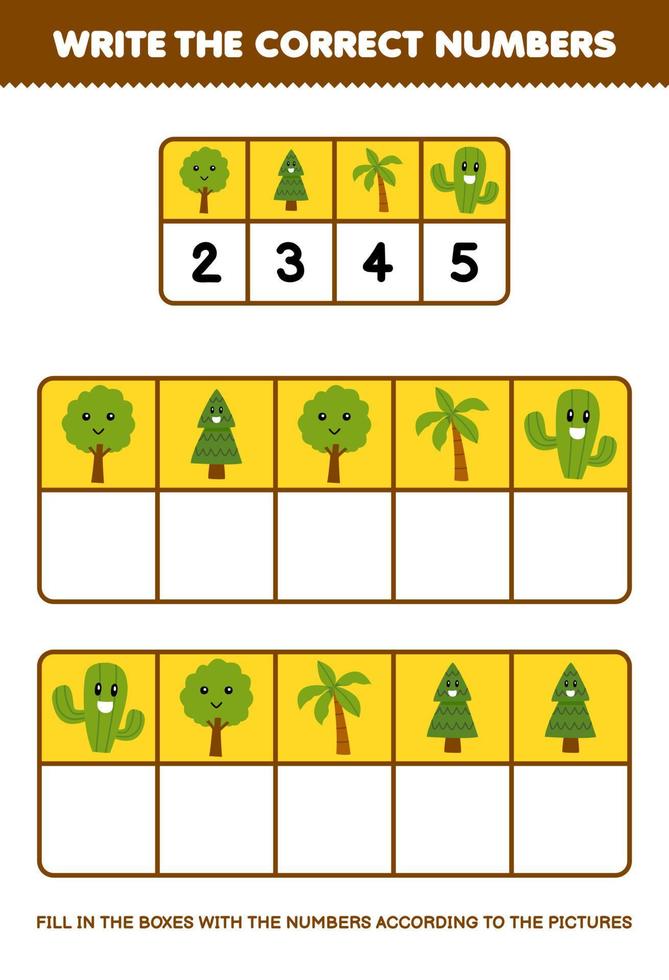 formazione scolastica gioco per bambini Scrivi il giusto numeri nel il scatola secondo per il carino cactus palma albero immagini su il tavolo stampabile natura foglio di lavoro vettore