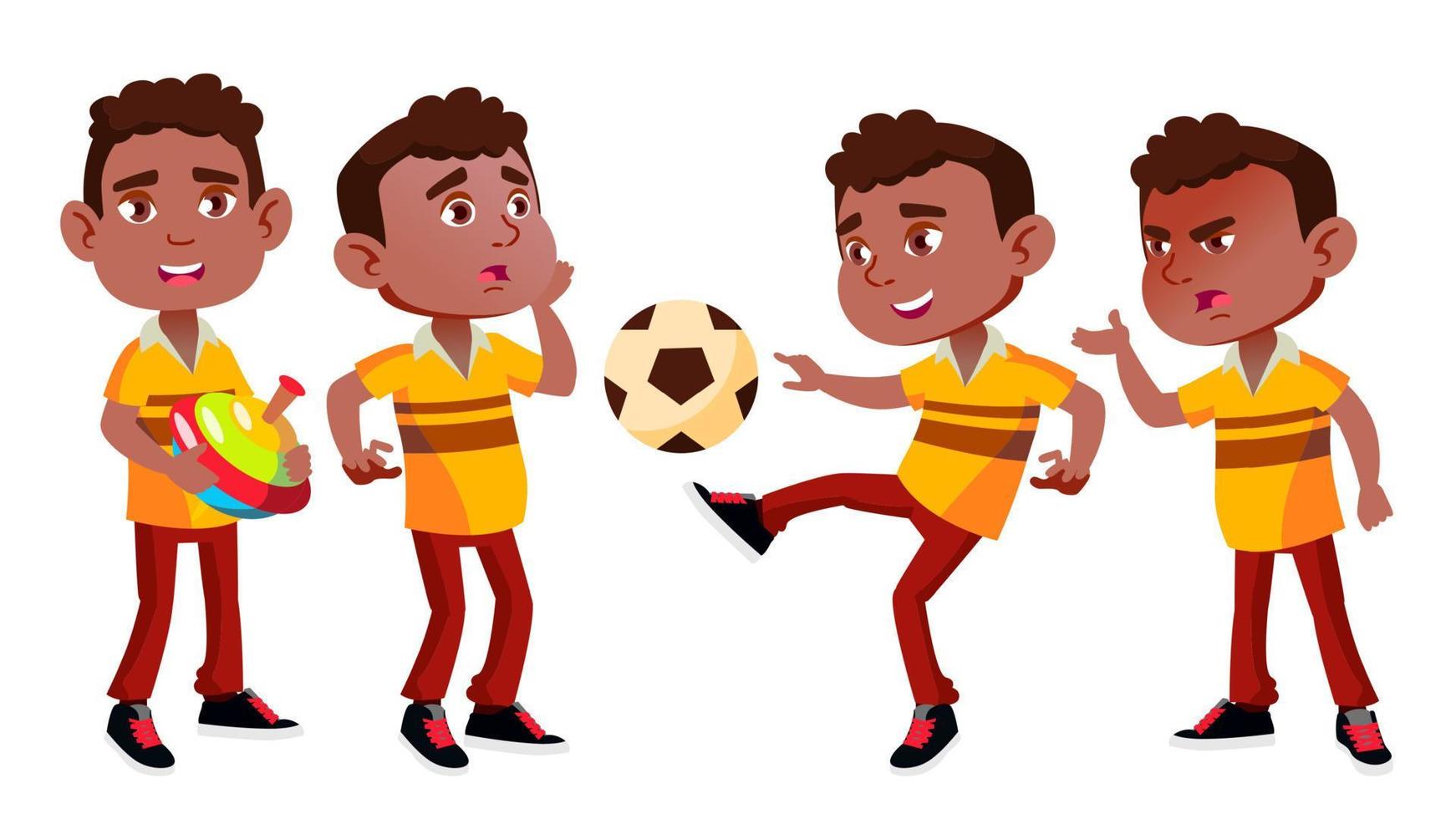 Nero, afro americano ragazzo scuola materna ragazzo pose impostato vettore. bambino espressione. bambino in età prescolare. calcio. per cartolina, annuncio, copertina design. isolato cartone animato illustrazione vettore