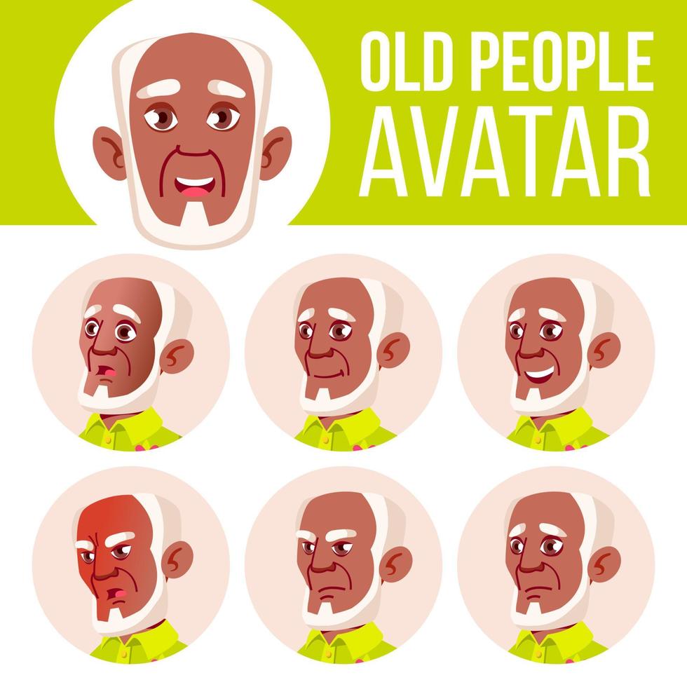 vecchio uomo avatar impostato vettore. nero. afro americano. viso emozioni. anziano persona ritratto. anziano le persone. invecchiato. vita, emotivo. cartone animato testa illustrazione vettore