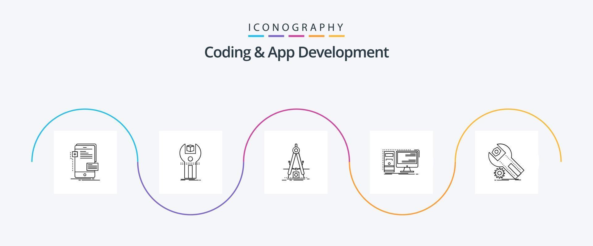 codifica e App sviluppo linea 5 icona imballare Compreso hardware. computer. kit. sviluppo. Prodotto vettore