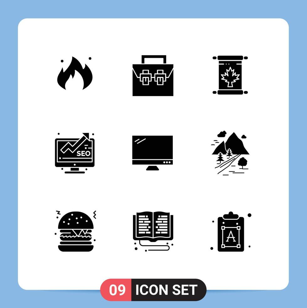 universale icona simboli gruppo di 9 moderno solido glifi di computer tenere sotto controllo kit di strumenti marketing foglia modificabile vettore design elementi