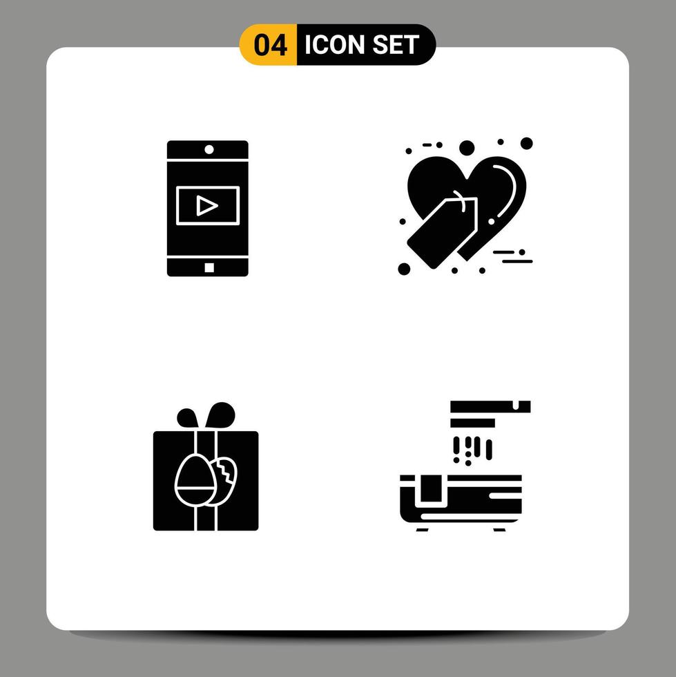 mobile interfaccia solido glifo impostato di 4 pittogrammi di applicazione scatola video shopping Pasqua modificabile vettore design elementi