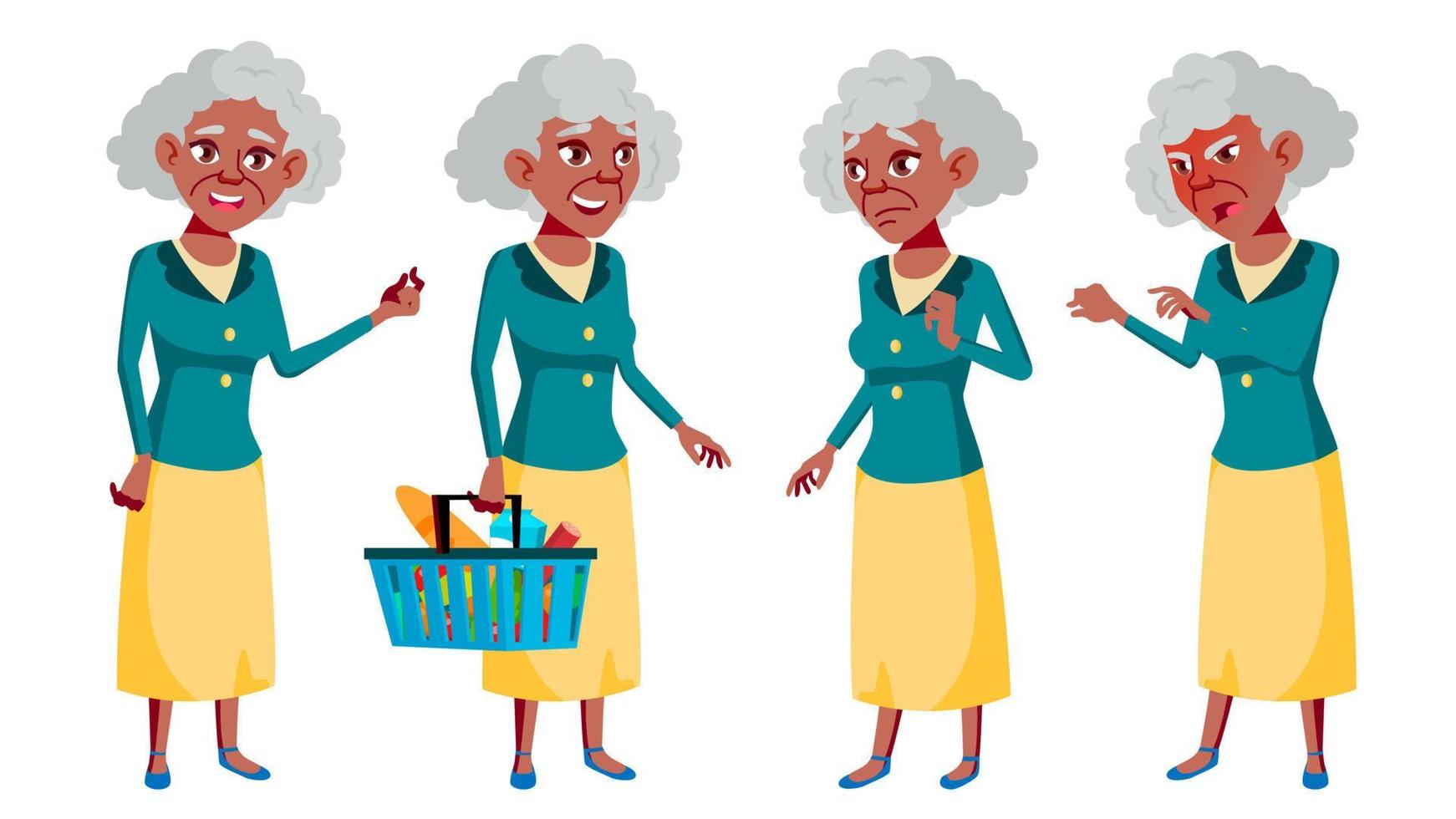 vecchio donna pose impostato vettore. anziano le persone. nero. afro americano. anziano persona. invecchiato. bellissimo pensionato. vita. carta, annuncio, saluto design. isolato cartone animato illustrazione vettore