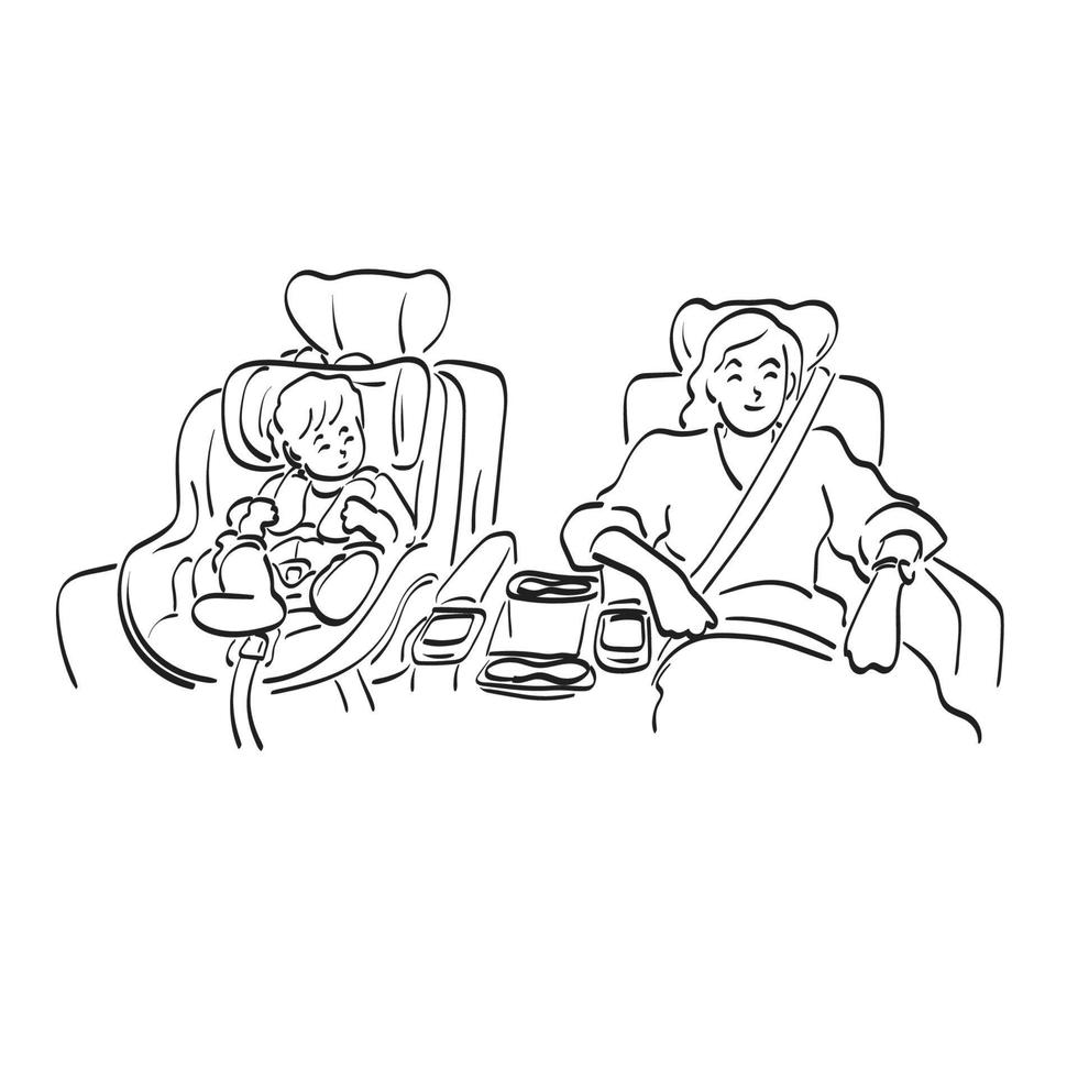 madre e bambino con auto posto a sedere e posto a sedere cintura nel auto illustrazione vettore mano disegnato isolato su bianca sfondo linea arte.
