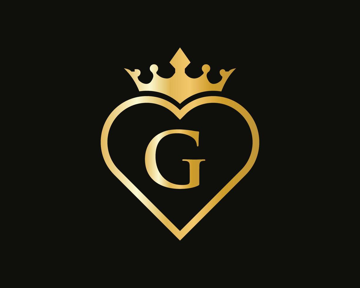 lettera g logo con corona e amore forma vettore