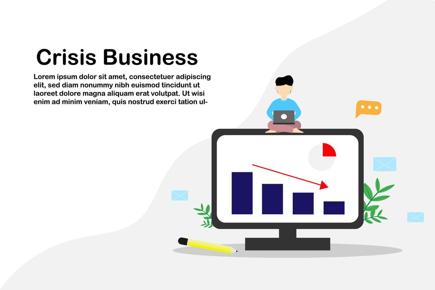 vettore illustrazione concetto crisi investimento commerciale, critico grafico strategia su computer schermo, striscione giù bar