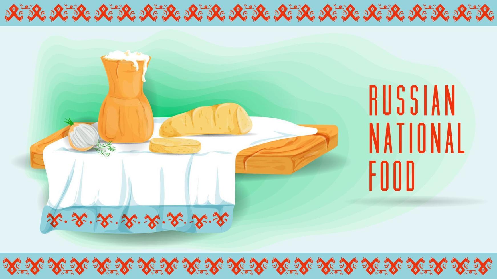 brocca con latte cipolla e pagnotta di pane su un' di legno vassoio asciugamano con ornamento piatto illustrazione di tradizionale cibo vettore