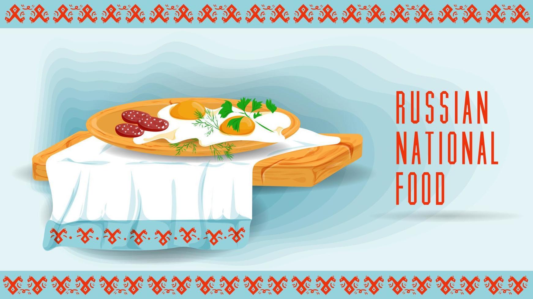 fritte uova con salsiccia su un' di legno piatto su un' asciugamano con un ornamento è un' piatto illustrazione di tradizionale cibo vettore