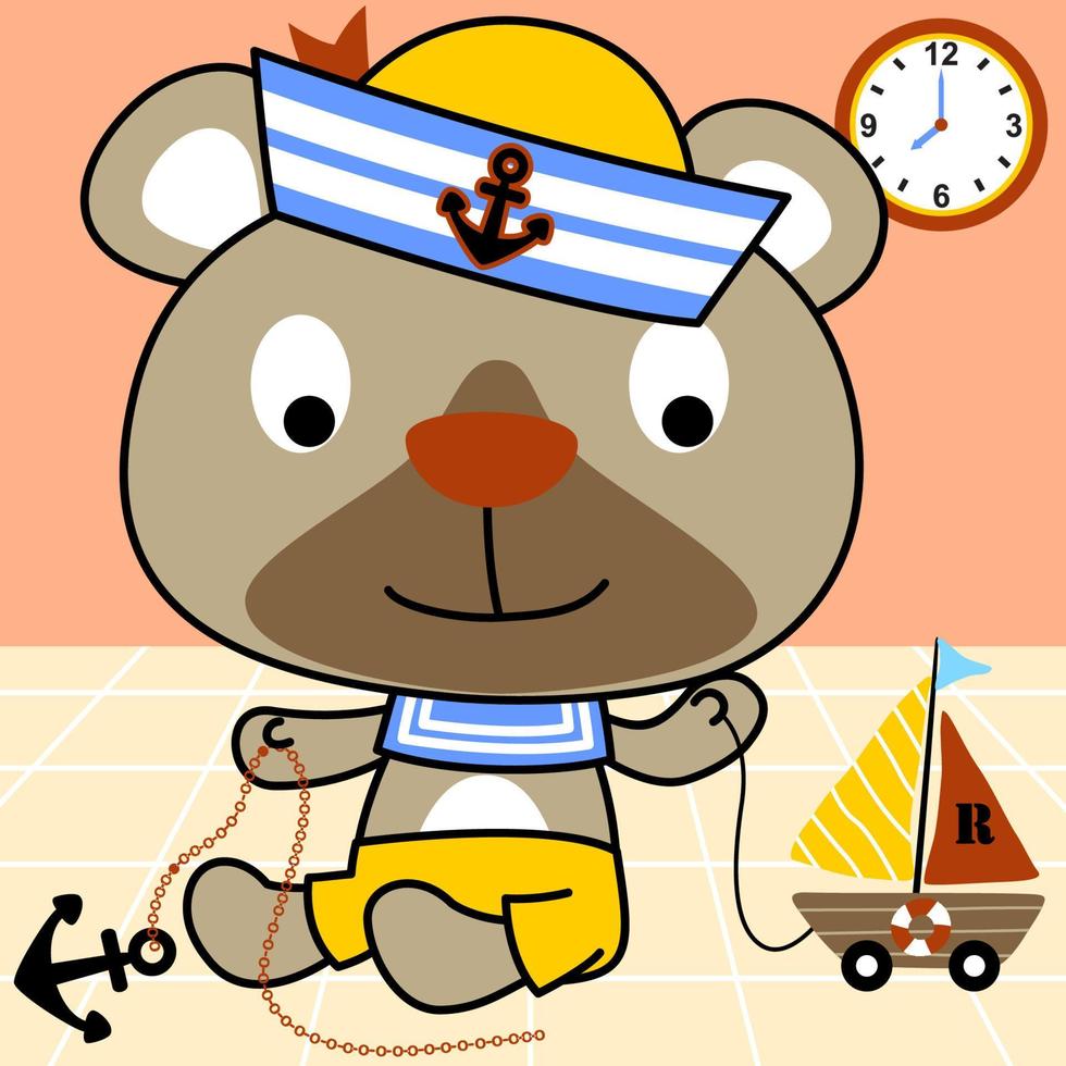 carino orso nel marinaio costume con esso giocattoli, vettore cartone animato illustrazione