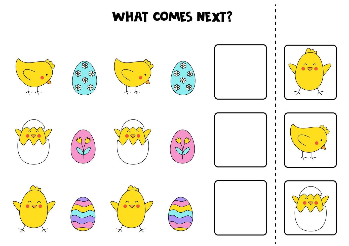 che cosa arriva Il prossimo gioco con Pasqua uova e pulcini. vettore