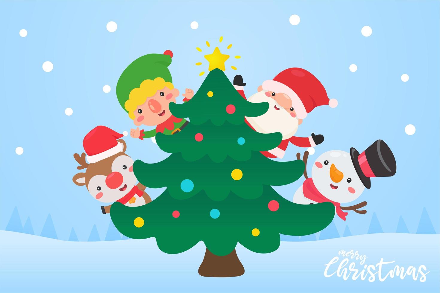 Babbo Natale, elfo, renne e pupazzo di neve decorano l'albero di Natale vettore