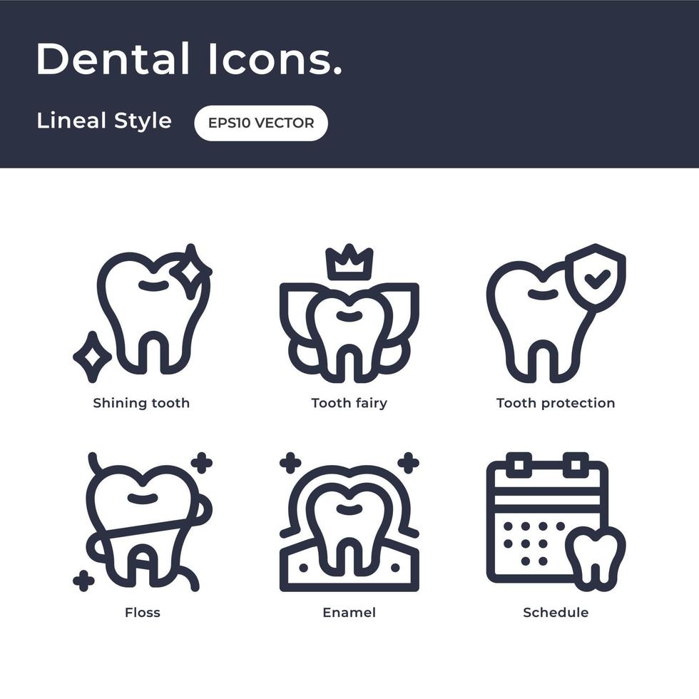 dentale icone schema stile con splendente denti, dente Fata, dente protezione, filo interdentale, smalto, programma vettore