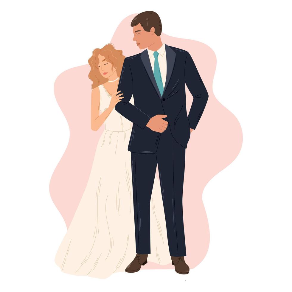 gruppo nel amore, il sposo nel un' completo da uomo e il sposa nel un' nozze vestito in piedi nel pieno altezza. vettore isolato piatto illustrazione.