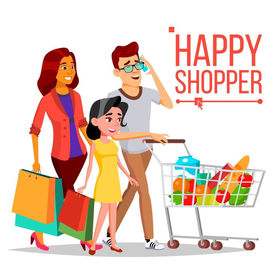 shopping donna vettore. contento famiglia coppia. drogheria carrello. gioioso femmina. Tenere carta borse. drogheria nel negozio, supermercato. shopping giorno. piacere di Acquista. attività commerciale isolato cartone animato illustrazione vettore