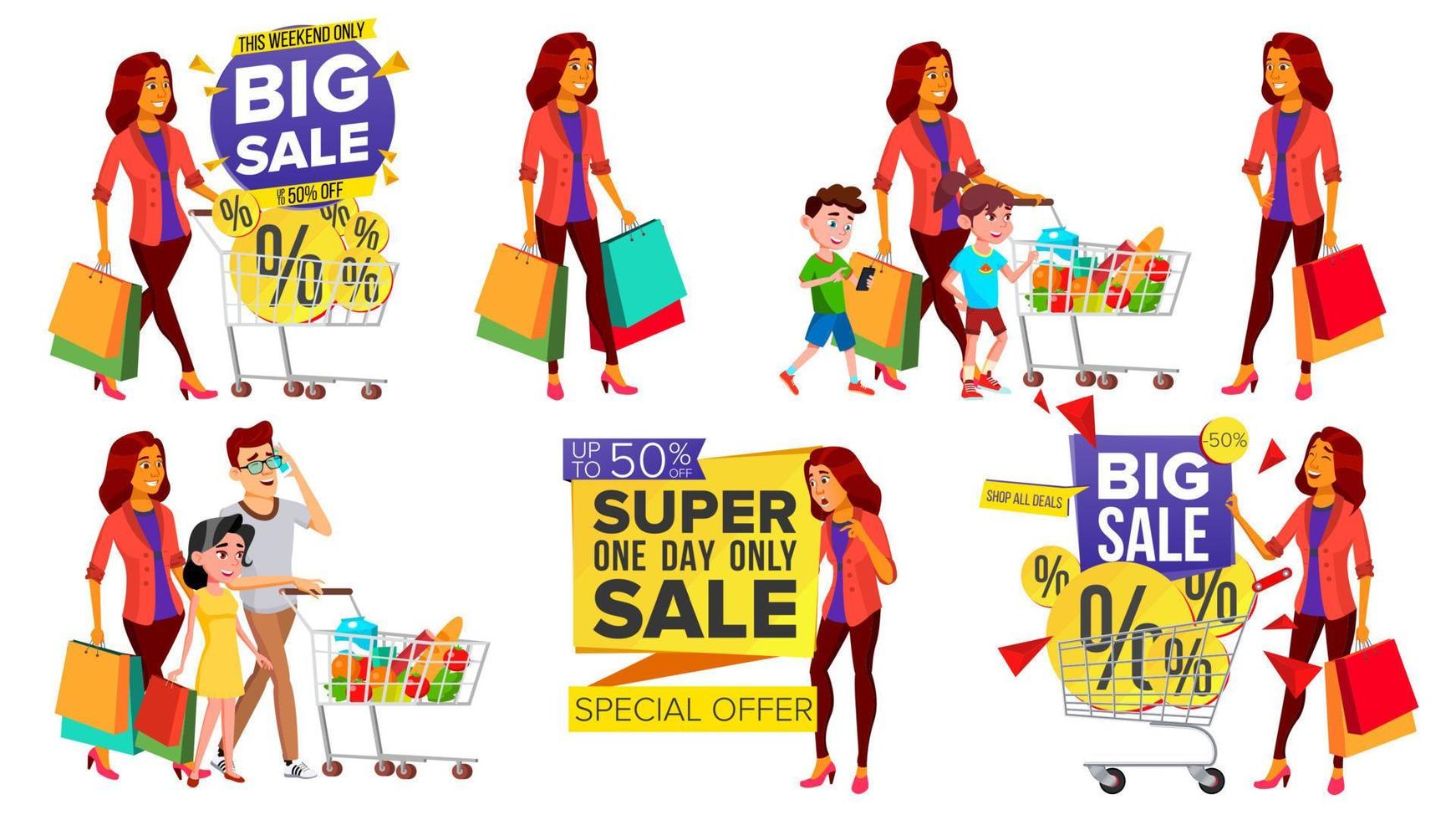 shopping donna impostato vettore. persone nel centro commerciale. famiglia, bambini. acquisto concetto. contento acquirente. Tenere carta pacchi, borse. piacere di Acquista. attività commerciale isolato cartone animato illustrazione vettore