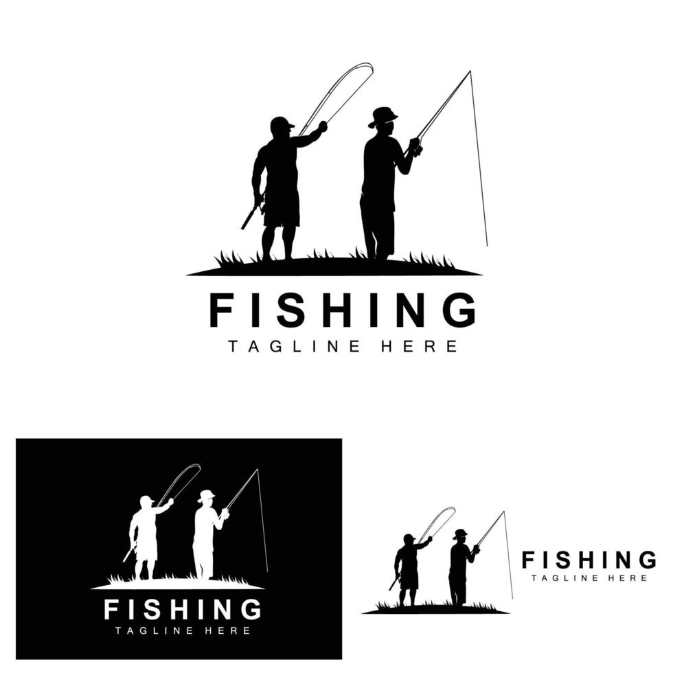 vettore icona logo pesca, pescare pesce sulla barca, design silhouette tramonto all'aperto