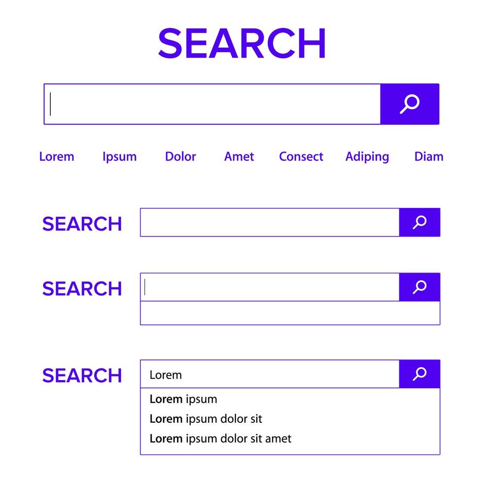 ricerca bar campo vettore. ricerca motore del browser finestra modello. pop su elenco, ricerca risultati. elementi di ricerca lente d'ingrandimento icona e telaio campo per testo vettore