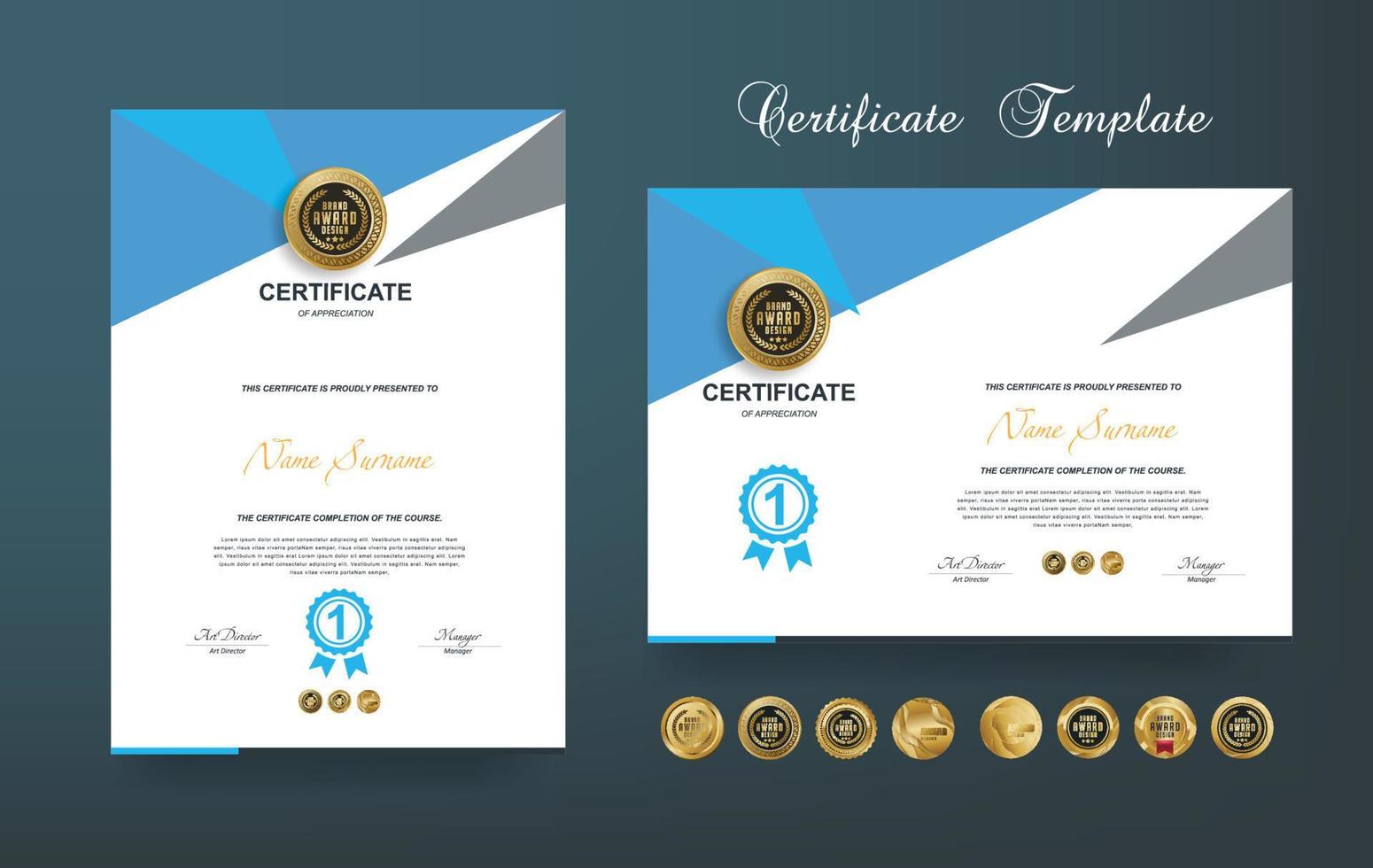 certificato di apprezzamento o premio diploma modello design e vettore d'oro lusso premio badge