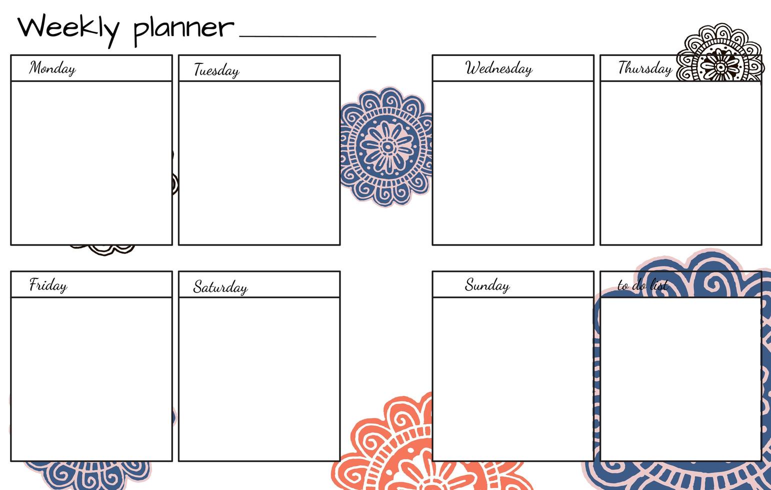 Agenda settimanale con mandala di fiori. vettore