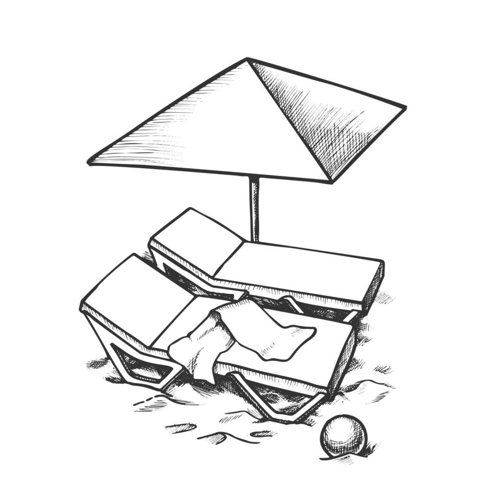 Due spiaggia sedia con ombrello e palla inchiostro vettore