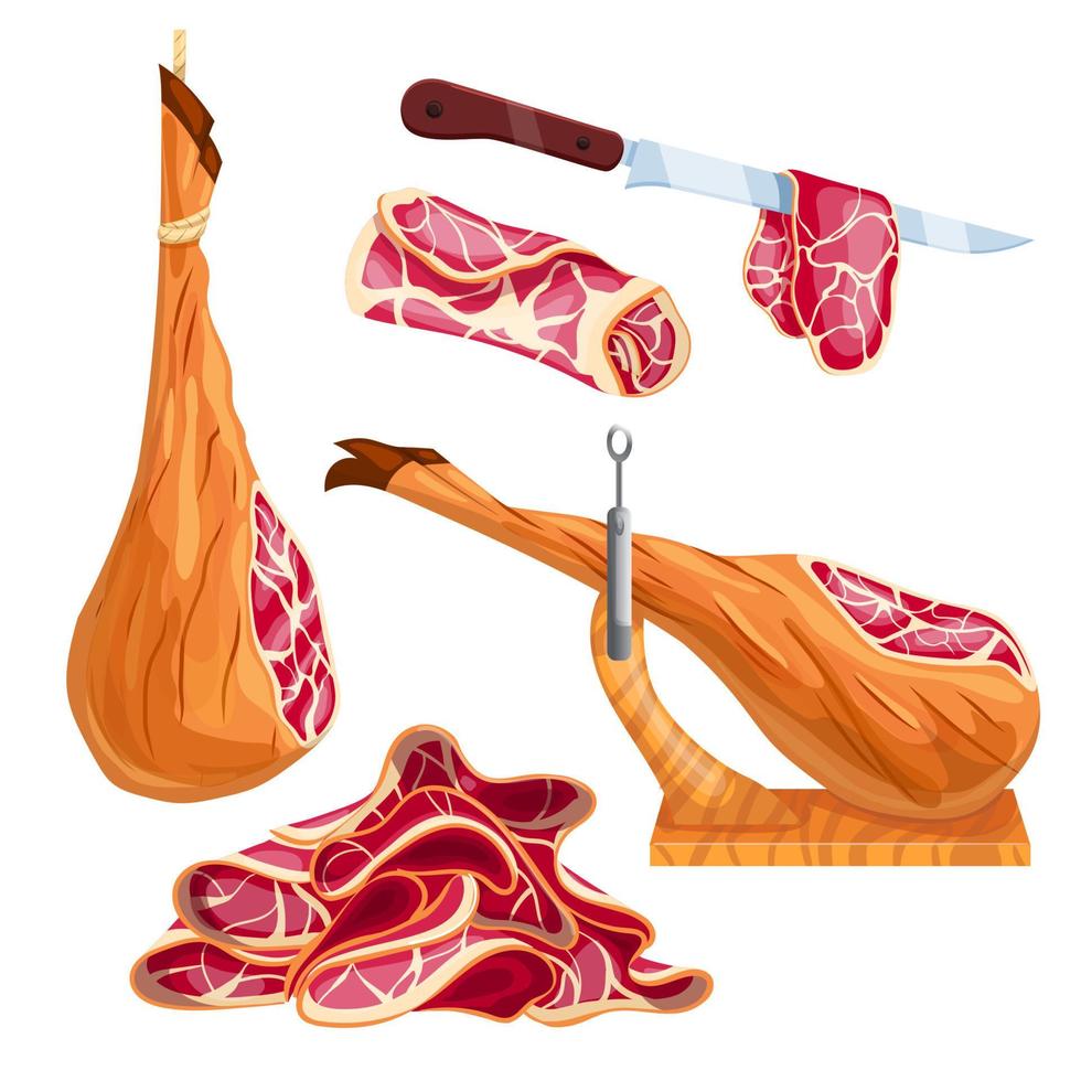 prosciutto carne cibo impostato cartone animato vettore illustrazione