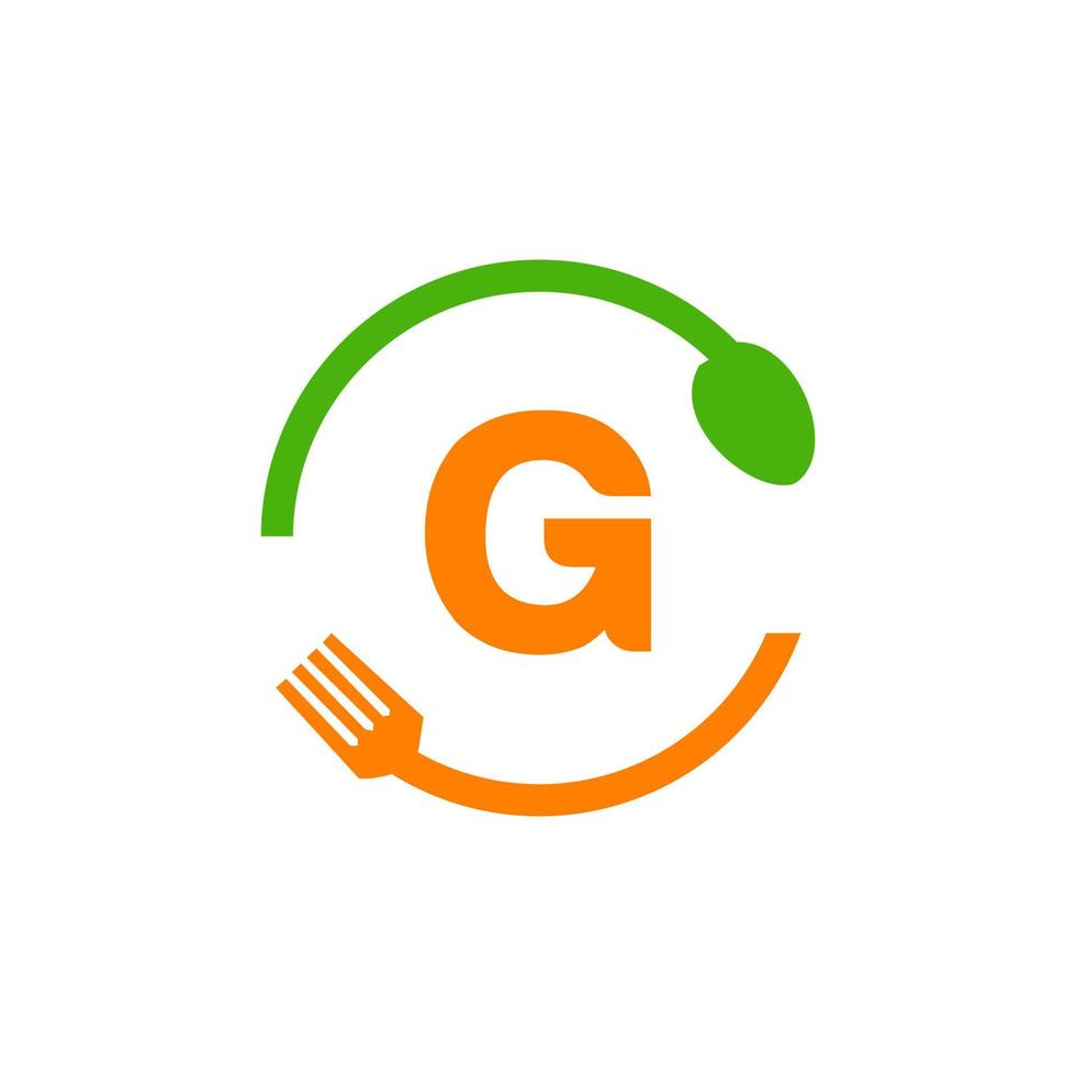 ristorante logo design su lettera g con forchetta e cucchiaio icona vettore