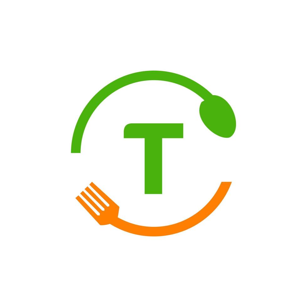 ristorante logo design su lettera t con forchetta e cucchiaio icona vettore