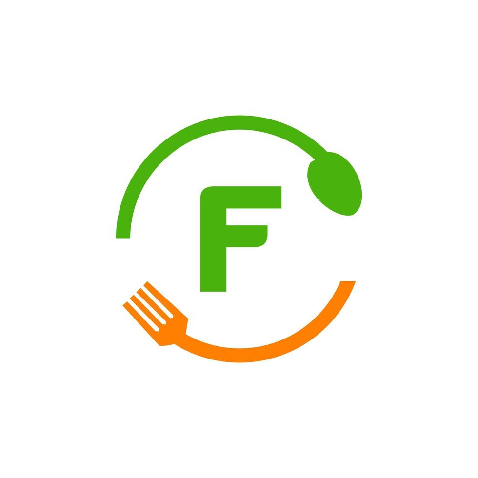 ristorante logo design su lettera f con forchetta e cucchiaio icona vettore