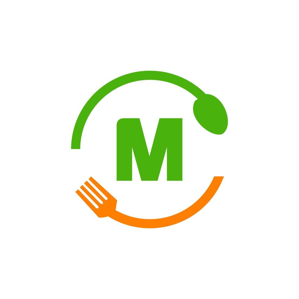 ristorante logo design su lettera m con forchetta e cucchiaio icona vettore