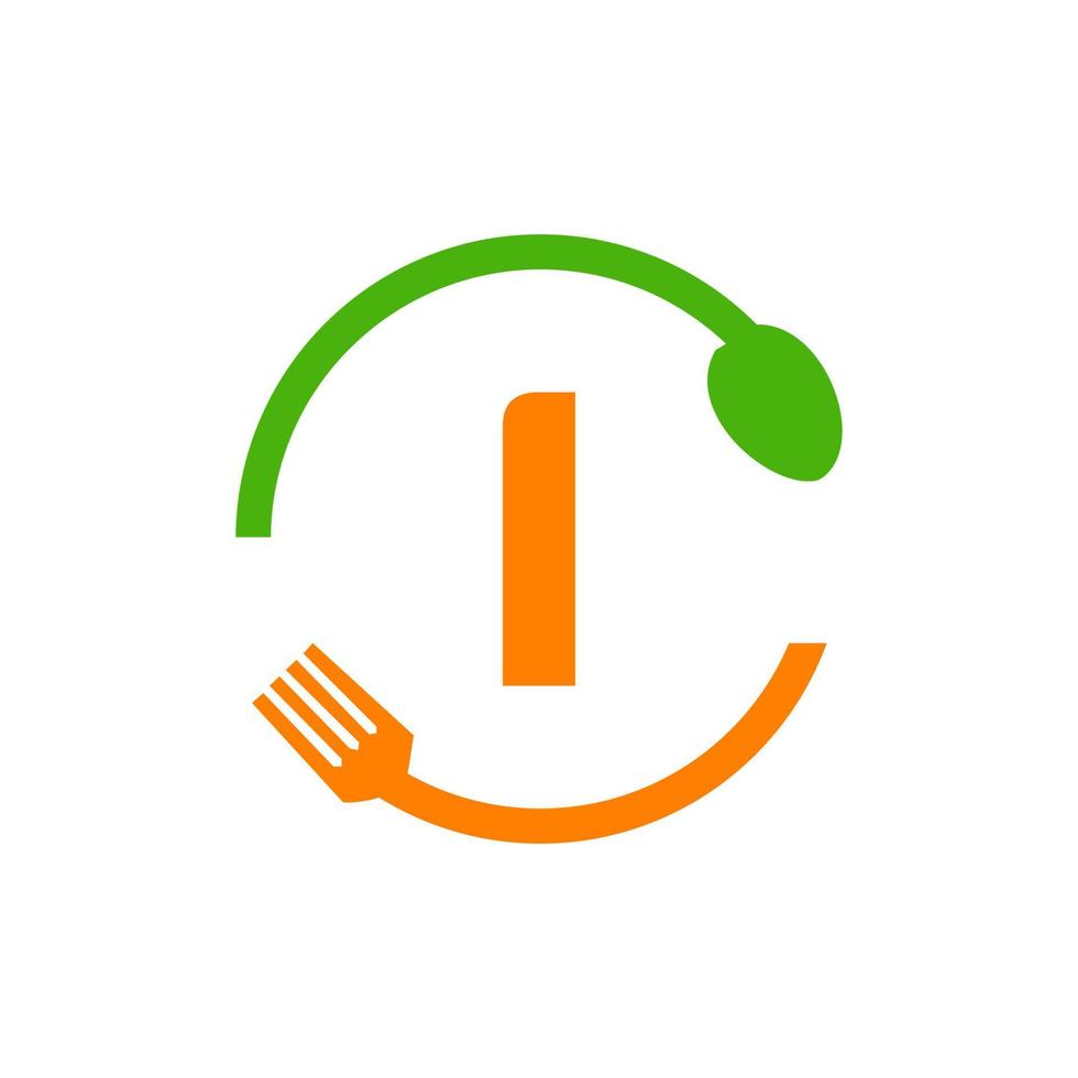 ristorante logo design su lettera io con forchetta e cucchiaio icona vettore