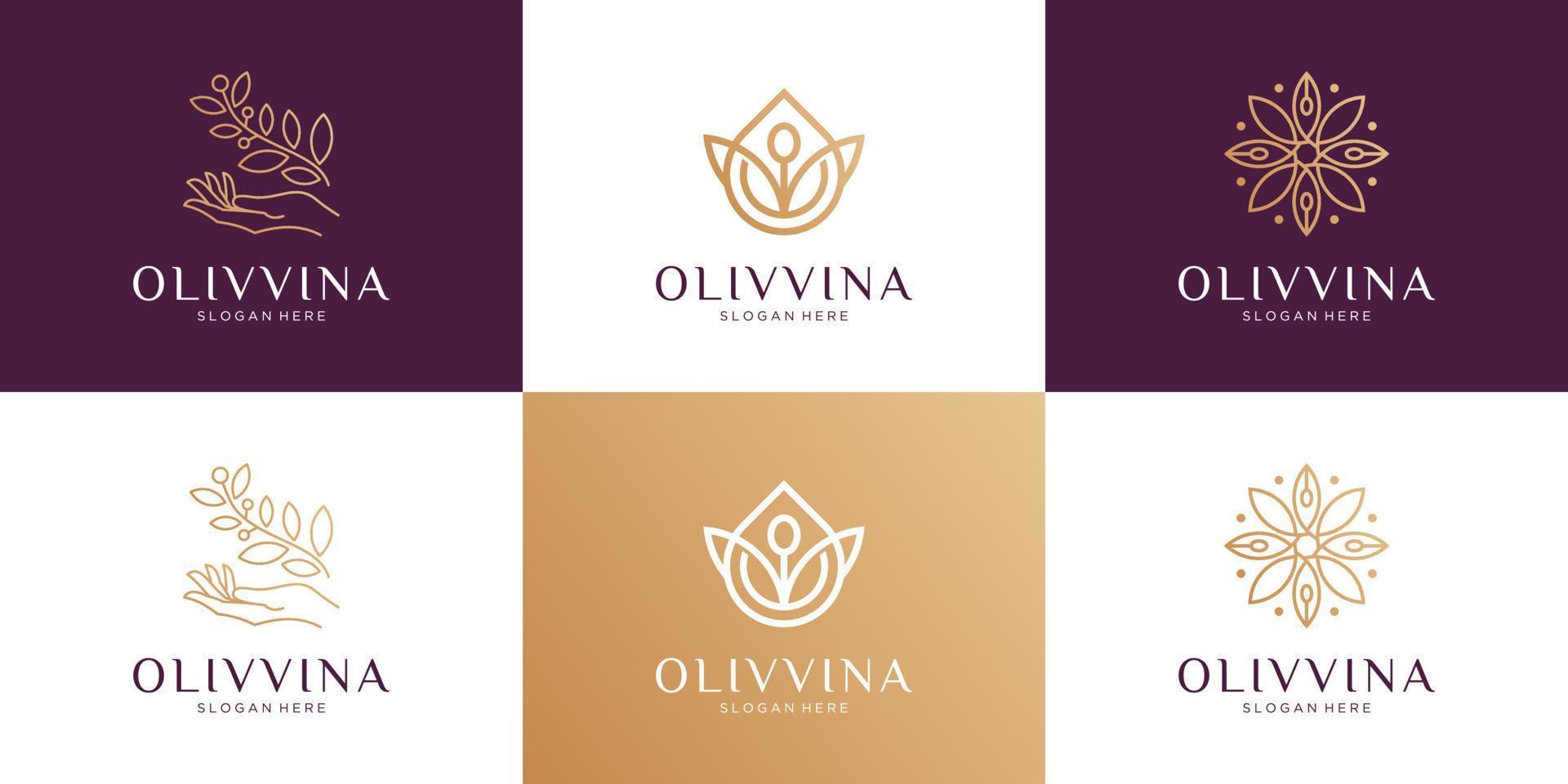 impostato di astratto bellezza fiore, oliva olio, ramo e femminile logo design collezione. vettore