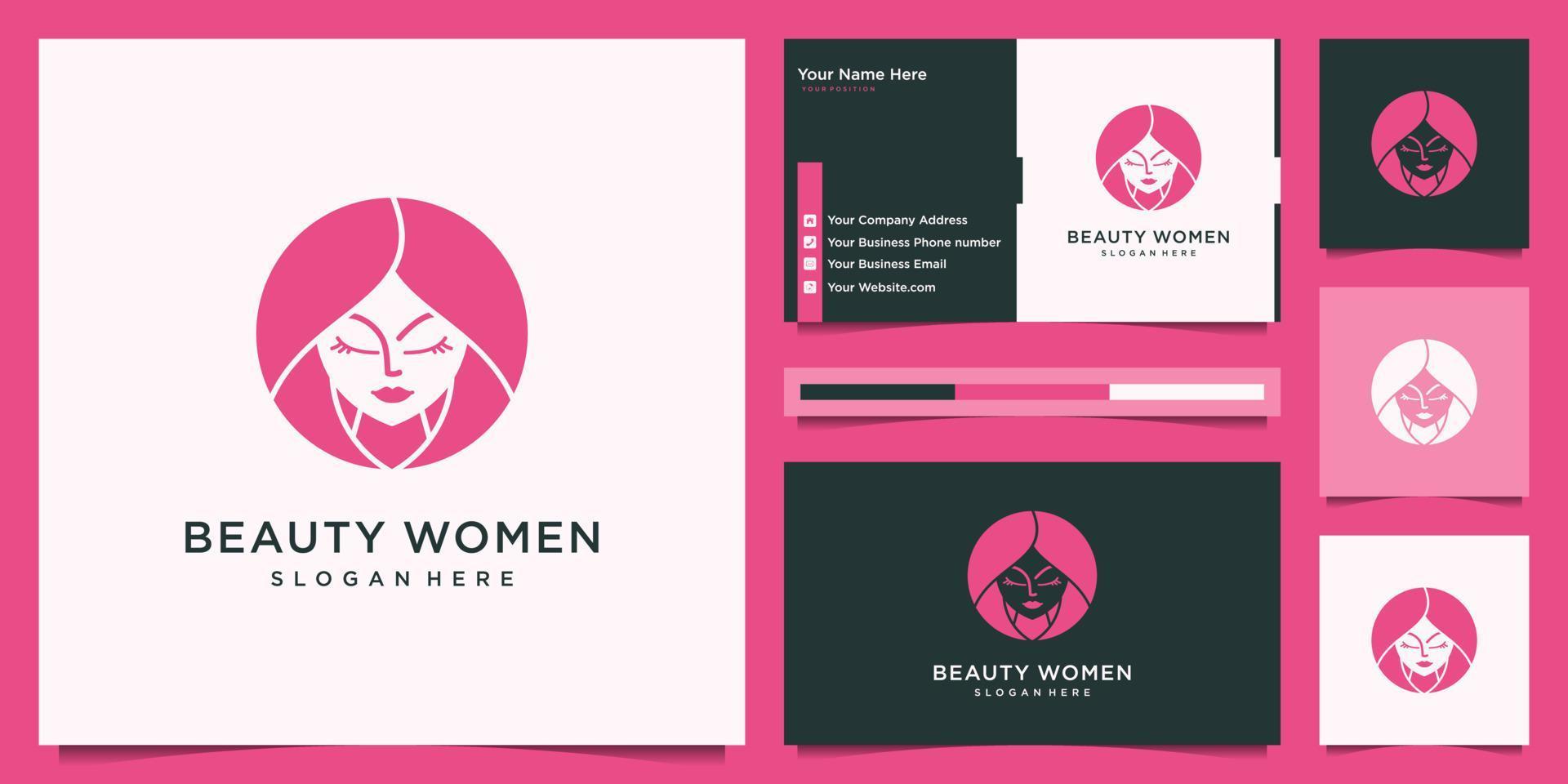 femminile donne viso bellezza logo design e attività commerciale carta. vettore