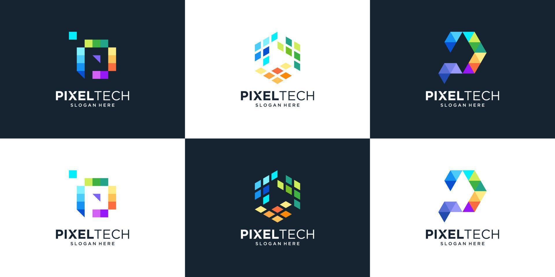 impostato di astratto lettera p con pixel Tech concetto logo design vettore