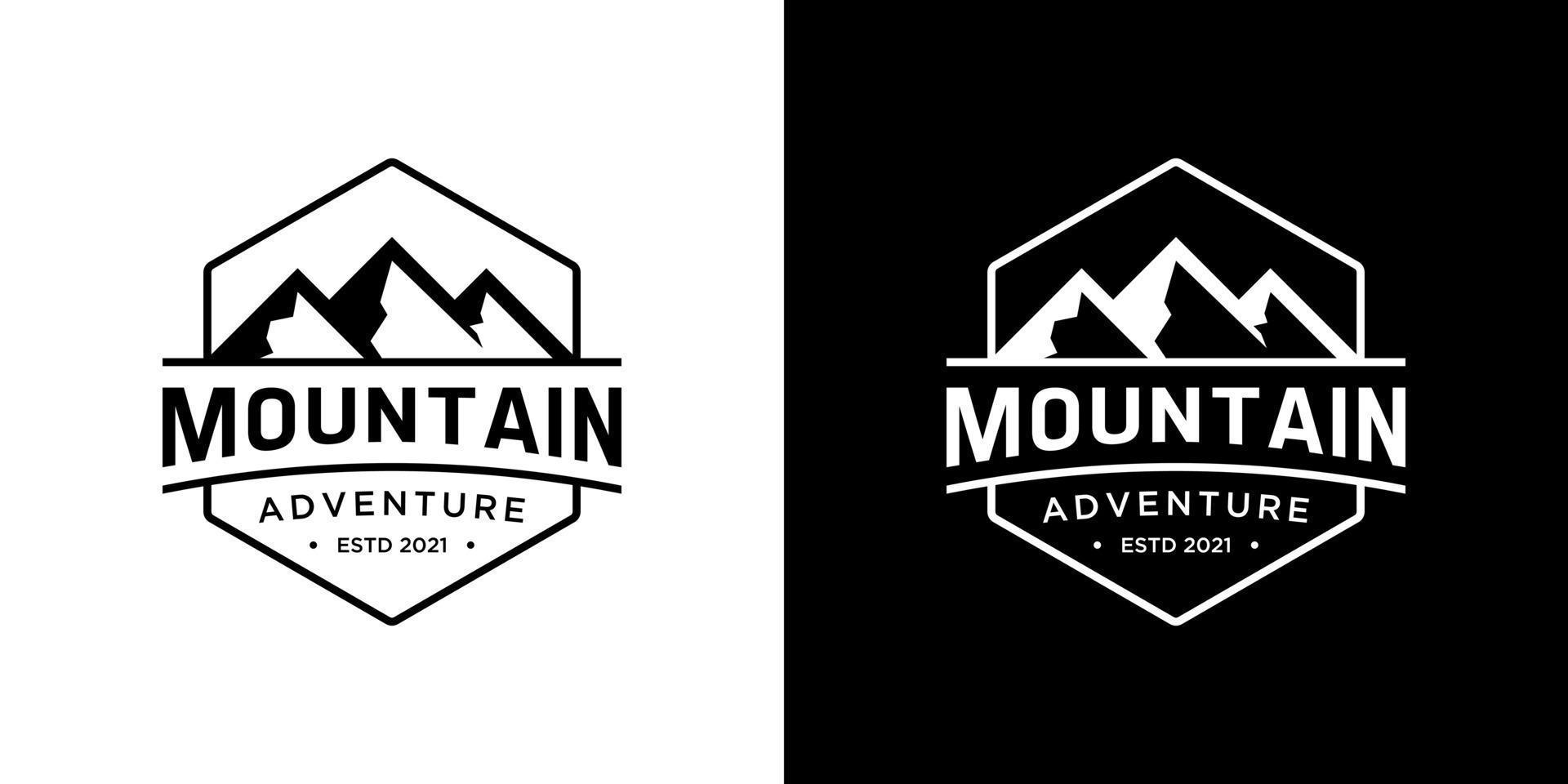 creativo montagna avventura logo design. minimalista Vintage ▾ logo per all'aperto, campeggio, spedizione e viaggio. vettore