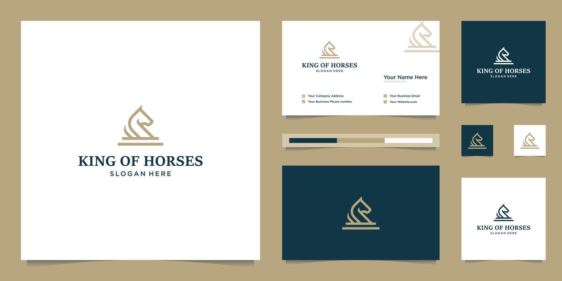 elegante re cavallo con elegante grafico design e nome carta ispirazione lusso design logo vettore