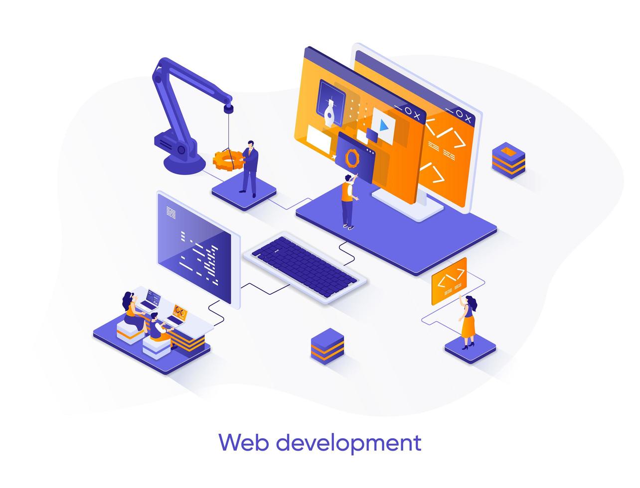 banner web isometrico di sviluppo web. vettore