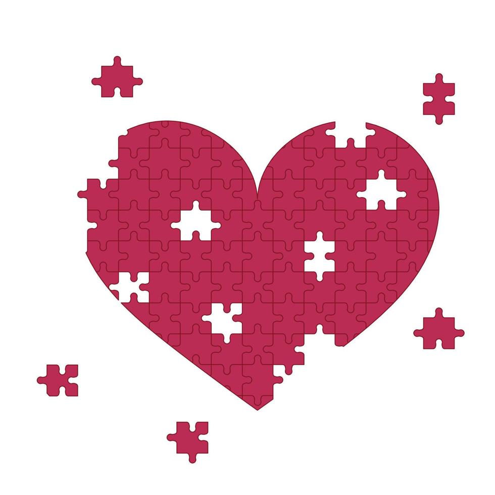 creativo cuore puzzle. rotto cuore e infelice non corrisposto amore concetto. puzzle pezzi. piatto schema vettore illustrazione. Viva magenta colore