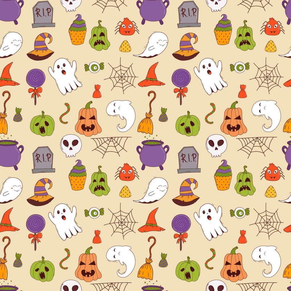 divertente Halloween senza soluzione di continuità modello. zucca, fantasma, strega cappello, pipistrello, dolci, ragno, scopa. trucco o trattare concetto. vettore illustrazione nel mano disegnato stile